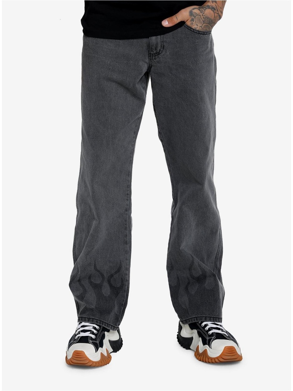 Grey Black Flame Denim Pants